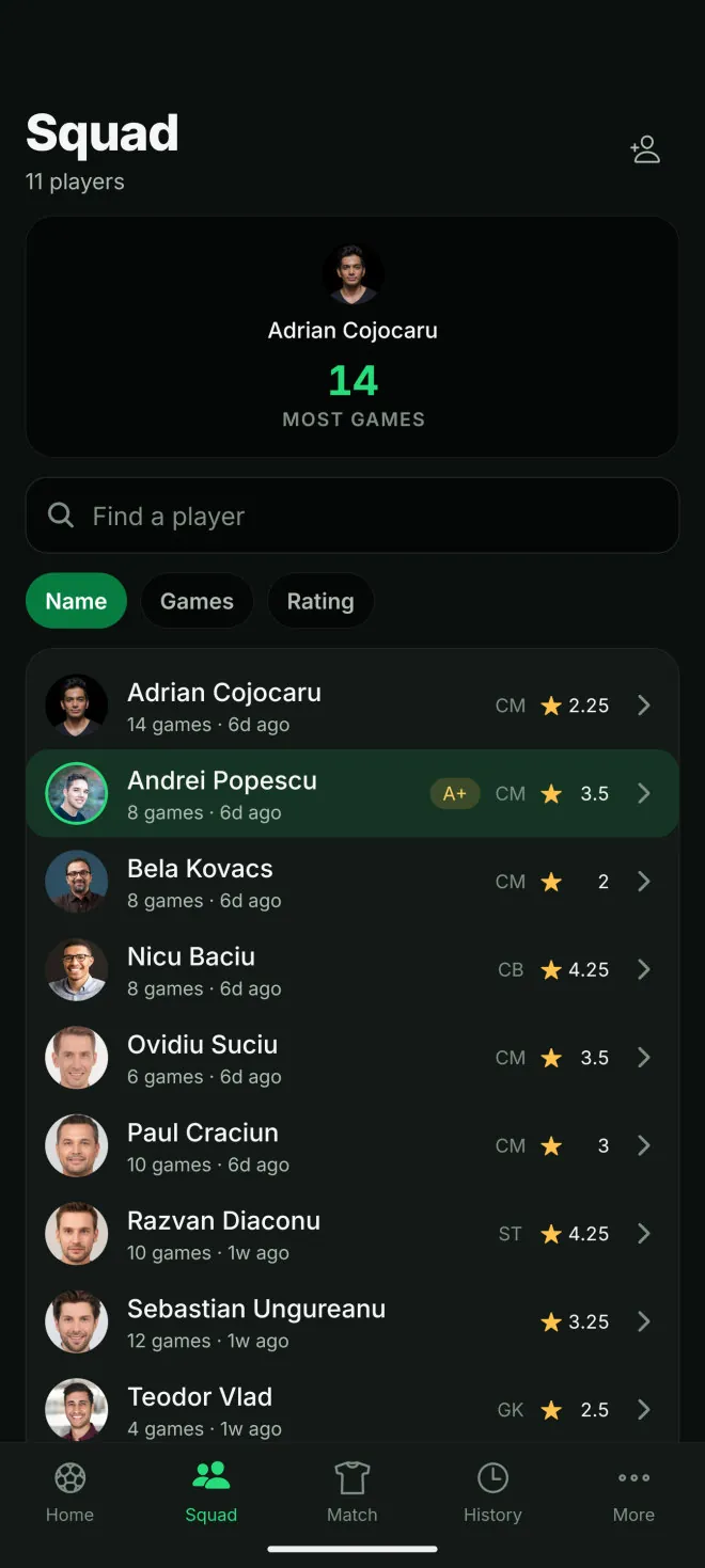 BIBS app screenshot: Squad and history
